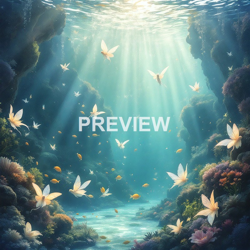 An underwater scene depicting a vibrant coral reef with sunlight filtering through the water, illuminating numerous white butterflies and small fish swimming among the colorful corals.